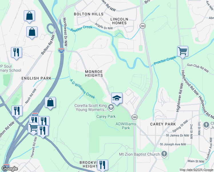 map of restaurants, bars, coffee shops, grocery stores, and more near 1344 Northwest Drive Northwest in Atlanta
