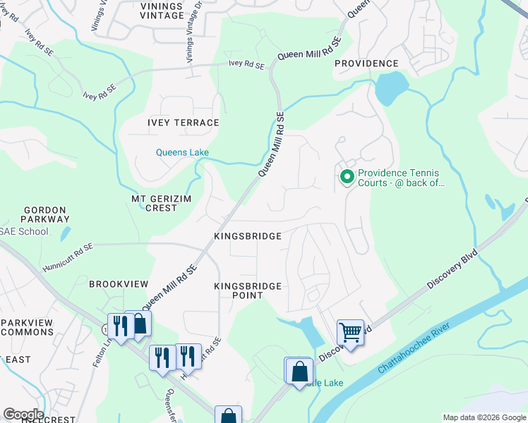 map of restaurants, bars, coffee shops, grocery stores, and more near 6597 Queen Mill Road Southeast in Mableton