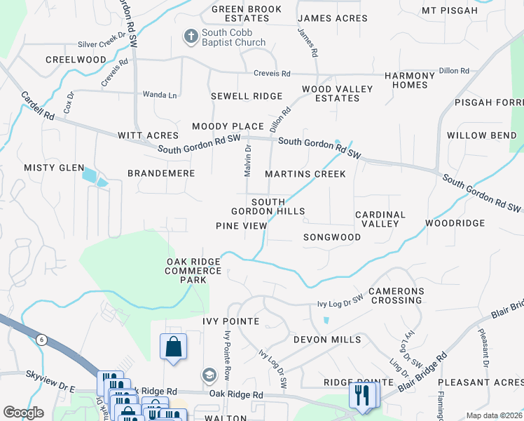map of restaurants, bars, coffee shops, grocery stores, and more near 6639 South Dillon Road in Austell