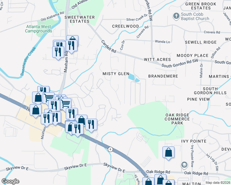 map of restaurants, bars, coffee shops, grocery stores, and more near 6619 Coventry Point in Austell