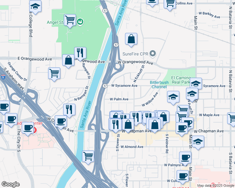 map of restaurants, bars, coffee shops, grocery stores, and more near 331 North Bitterbush Street in Orange