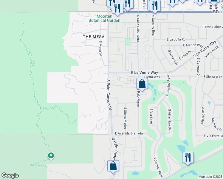 map of restaurants, bars, coffee shops, grocery stores, and more near 2160 South Palm Canyon Drive in Palm Springs