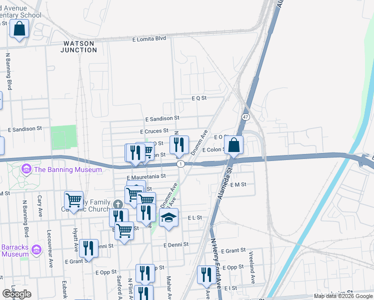 map of restaurants, bars, coffee shops, grocery stores, and more near 1511 East Colon Street in Los Angeles