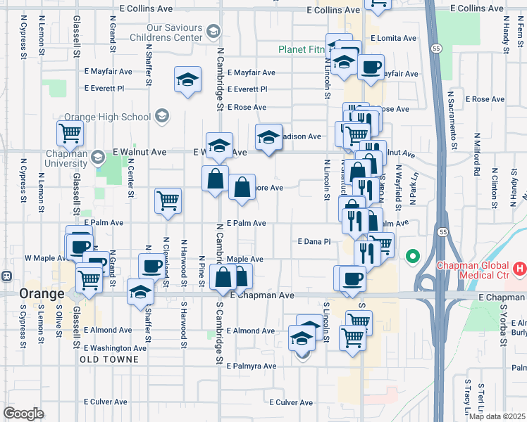 map of restaurants, bars, coffee shops, grocery stores, and more near 333 North Maplewood Street in Orange