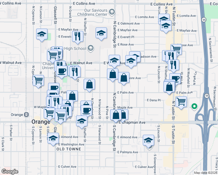 map of restaurants, bars, coffee shops, grocery stores, and more near 333 North Pine Street in Orange