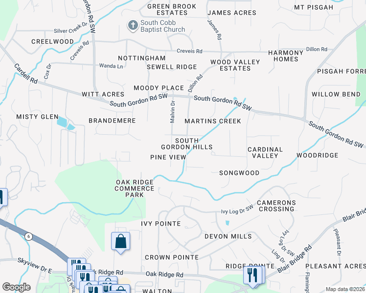 map of restaurants, bars, coffee shops, grocery stores, and more near 6639 South Dillon Road in Austell