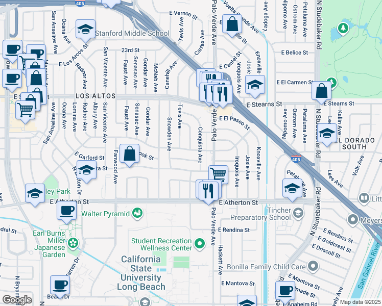 map of restaurants, bars, coffee shops, grocery stores, and more near 6280 East Los Santos Drive in Long Beach