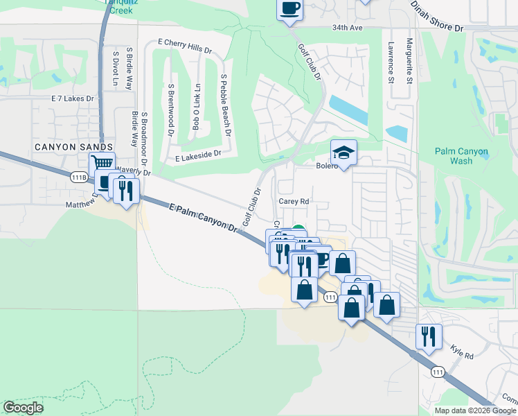 map of restaurants, bars, coffee shops, grocery stores, and more near 2700 Lawrence Crossley Road in Palm Springs