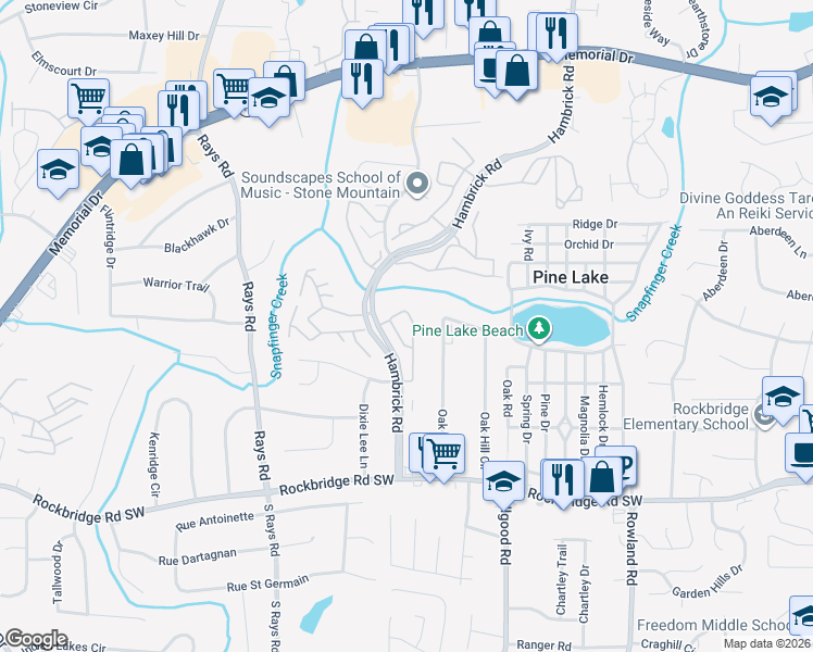 map of restaurants, bars, coffee shops, grocery stores, and more near 4386 Village Square Ln in Stone Mountain