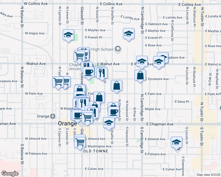 map of restaurants, bars, coffee shops, grocery stores, and more near 324 North Shaffer Street in Orange
