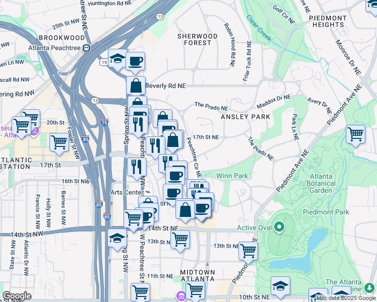 map of restaurants, bars, coffee shops, grocery stores, and more near 108 Peachtree Circle Northeast in Atlanta
