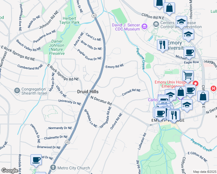 map of restaurants, bars, coffee shops, grocery stores, and more near 1327 Harvard Road Northeast in Atlanta