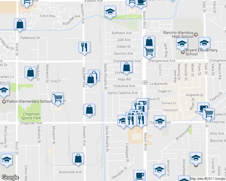 map of restaurants, bars, coffee shops, grocery stores, and more near 7721 Santa Catalina Avenue in Stanton