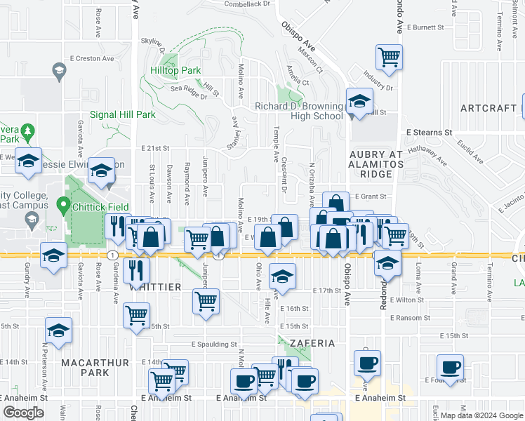 map of restaurants, bars, coffee shops, grocery stores, and more near 1903 Temple Avenue in Signal Hill