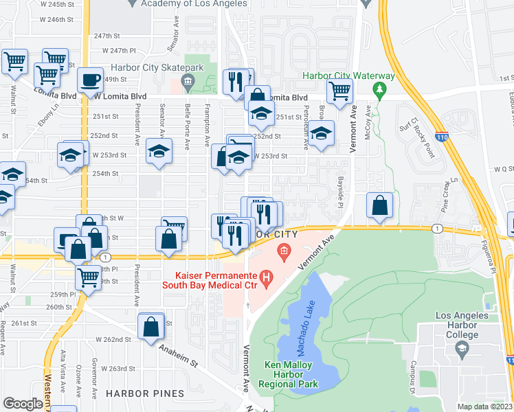 map of restaurants, bars, coffee shops, grocery stores, and more near 1121 256th Street West in Los Angeles