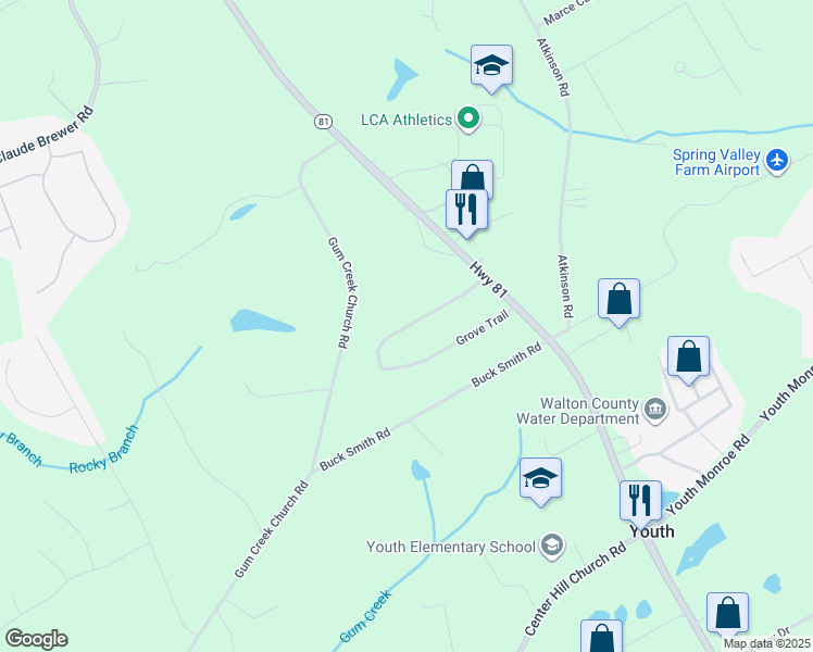 map of restaurants, bars, coffee shops, grocery stores, and more near 4060 Grove Trail in Loganville