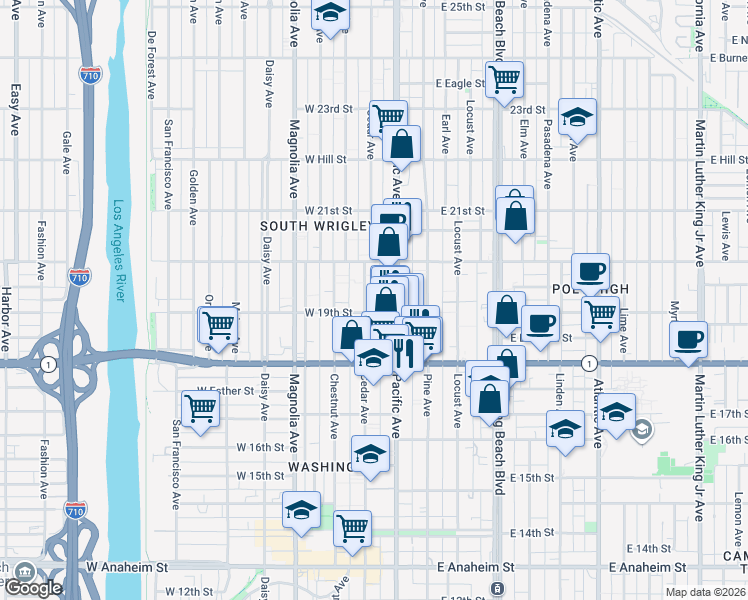 map of restaurants, bars, coffee shops, grocery stores, and more near 1915 Pacific Avenue in Long Beach