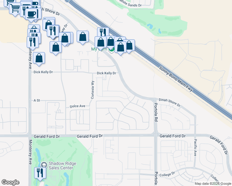 map of restaurants, bars, coffee shops, grocery stores, and more near 35625 Raphael Drive in Palm Desert