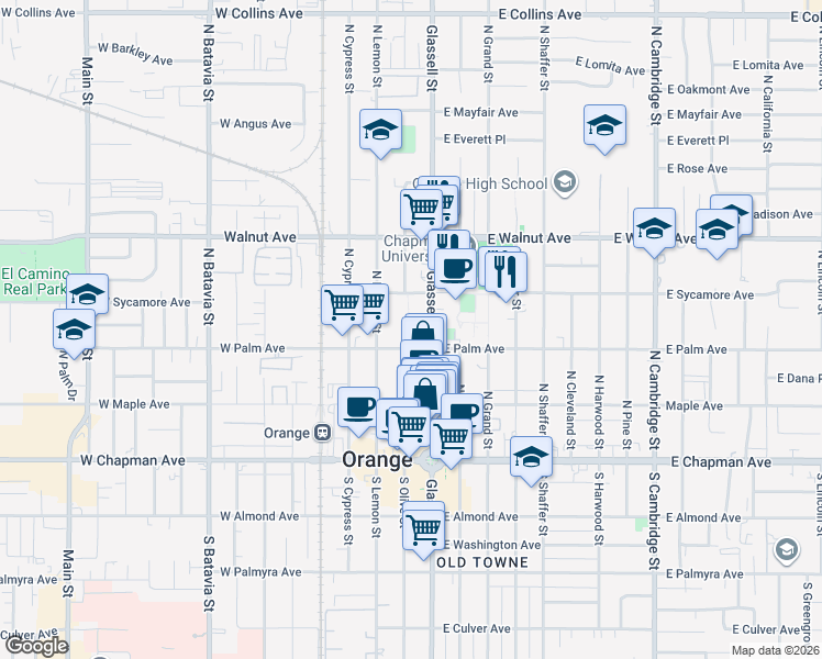 map of restaurants, bars, coffee shops, grocery stores, and more near 328 North Glassell Street in Orange