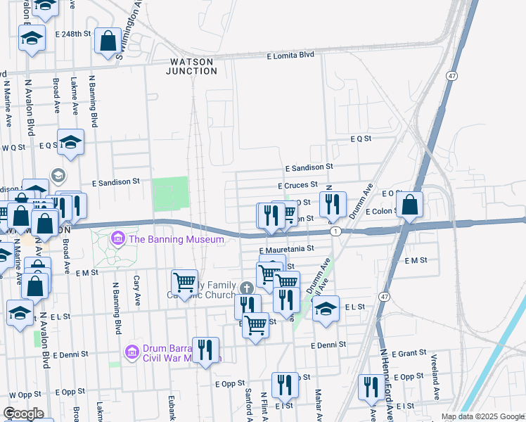 map of restaurants, bars, coffee shops, grocery stores, and more near 1042 East O Street in Los Angeles