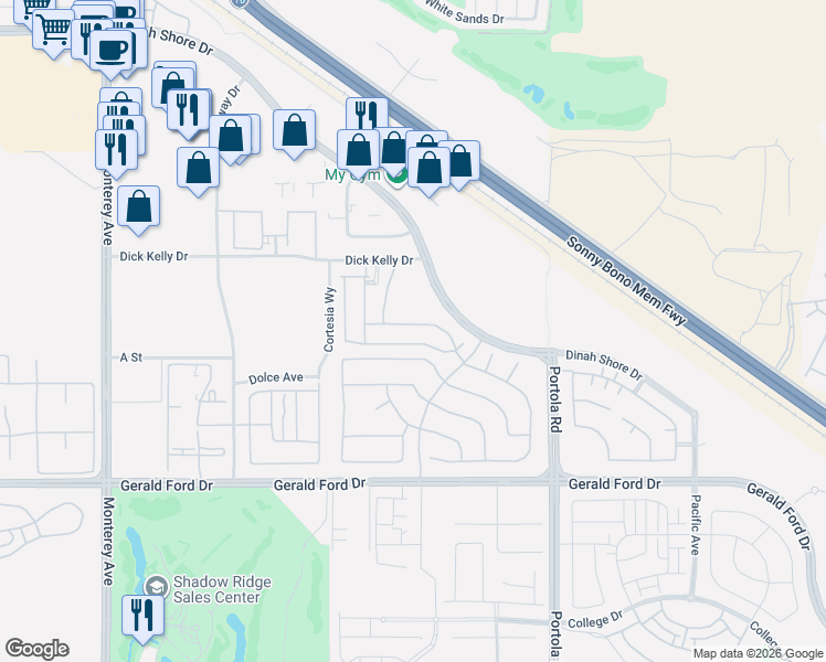 map of restaurants, bars, coffee shops, grocery stores, and more near 73595 Raphael Drive in Palm Desert