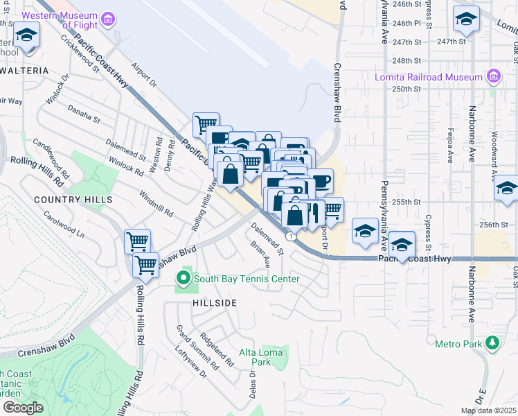 map of restaurants, bars, coffee shops, grocery stores, and more near Pacific Coast Highway & Crenshaw Boulevard in Torrance