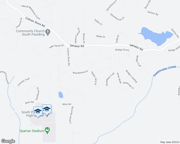 map of restaurants, bars, coffee shops, grocery stores, and more near 76 Applejack Drive in Douglasville
