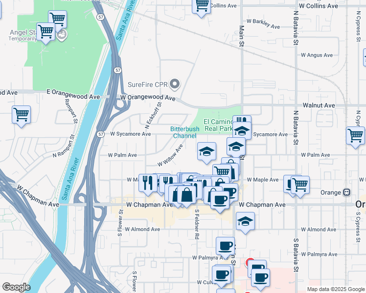 map of restaurants, bars, coffee shops, grocery stores, and more near 350 North Cedar Street in Orange
