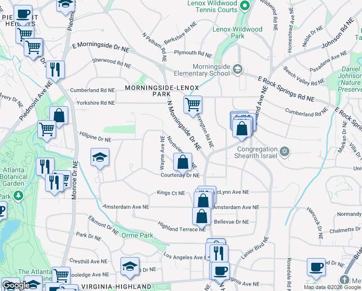 map of restaurants, bars, coffee shops, grocery stores, and more near 1367 Northview Avenue Northeast in Atlanta