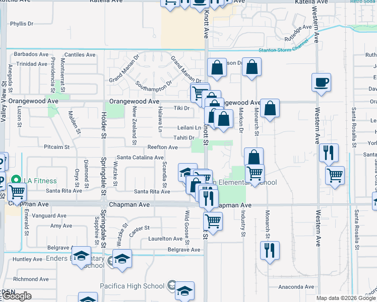 map of restaurants, bars, coffee shops, grocery stores, and more near 6912 Reefton Avenue in Cypress