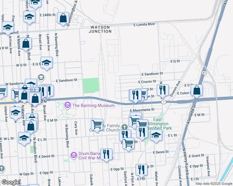 map of restaurants, bars, coffee shops, grocery stores, and more near 914 East O Street in Los Angeles