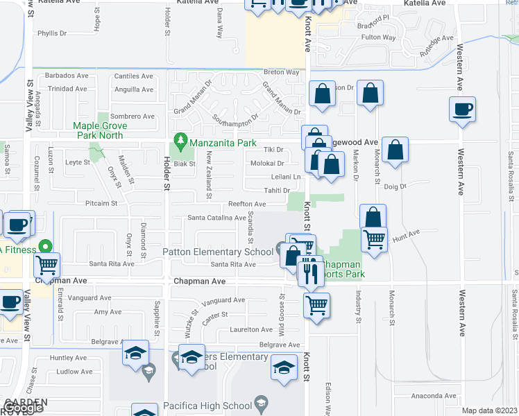map of restaurants, bars, coffee shops, grocery stores, and more near 6814 Reefton Avenue in Cypress