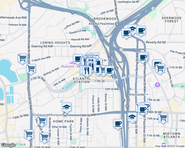 map of restaurants, bars, coffee shops, grocery stores, and more near 260 18th Street Northwest in Atlanta