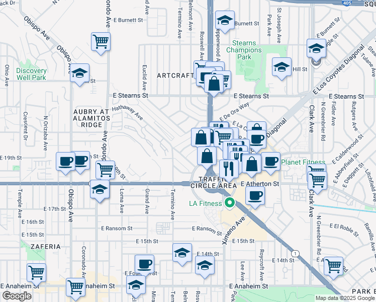 map of restaurants, bars, coffee shops, grocery stores, and more near 4136 East Jacinto Way in Long Beach