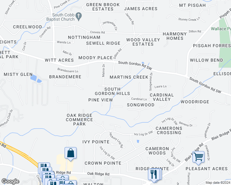 map of restaurants, bars, coffee shops, grocery stores, and more near 6639 South Dillon Road in Austell