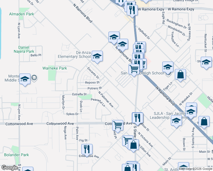 map of restaurants, bars, coffee shops, grocery stores, and more near 340 Potrero Street in San Jacinto