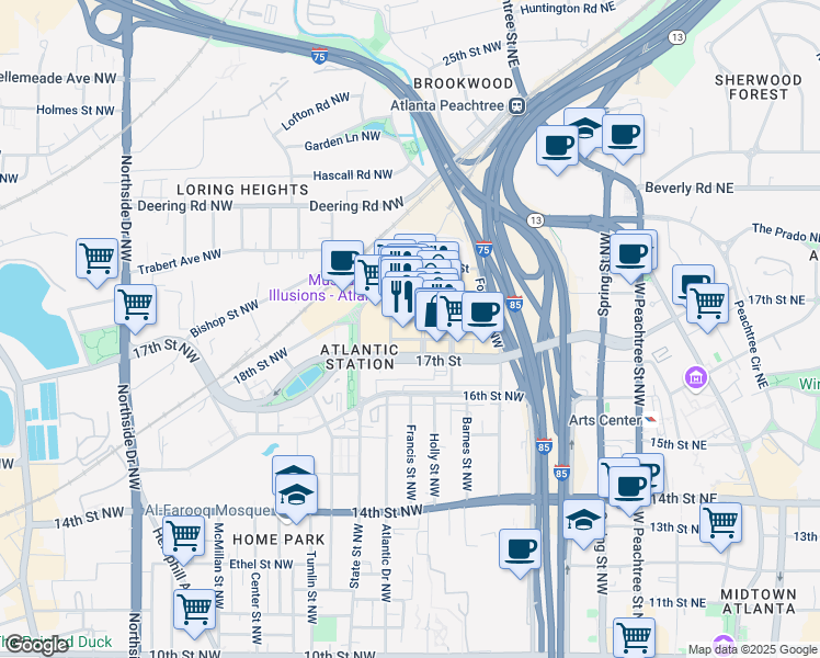 map of restaurants, bars, coffee shops, grocery stores, and more near 245 18th Street Northwest in Atlanta