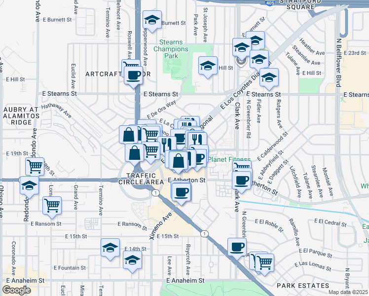 map of restaurants, bars, coffee shops, grocery stores, and more near 4714 E Los Coyotes Diagonal in Long Beach