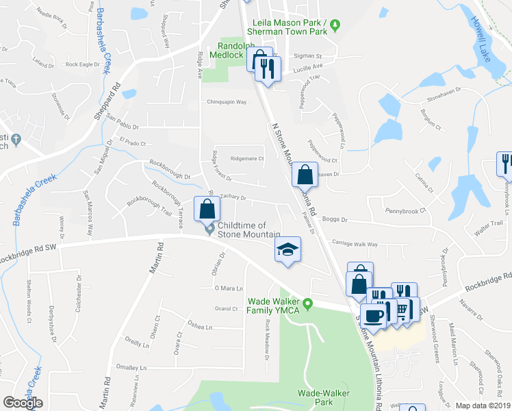 map of restaurants, bars, coffee shops, grocery stores, and more near 5367 Zachary Drive in Stone Mountain