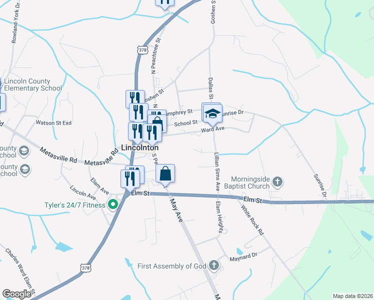 map of restaurants, bars, coffee shops, grocery stores, and more near 155 Spring Court in Lincolnton