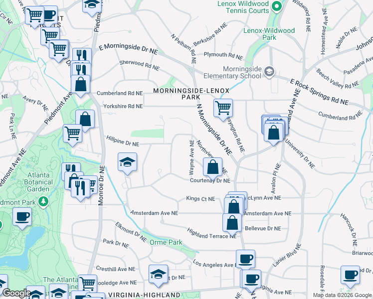 map of restaurants, bars, coffee shops, grocery stores, and more near 1374 Wayne Avenue Northeast in Atlanta
