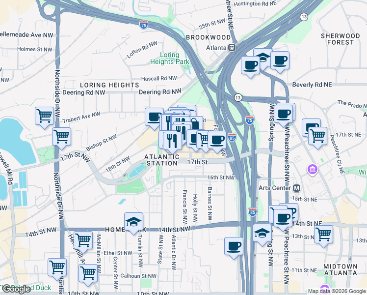 map of restaurants, bars, coffee shops, grocery stores, and more near 260 18th Street Northwest in Atlanta