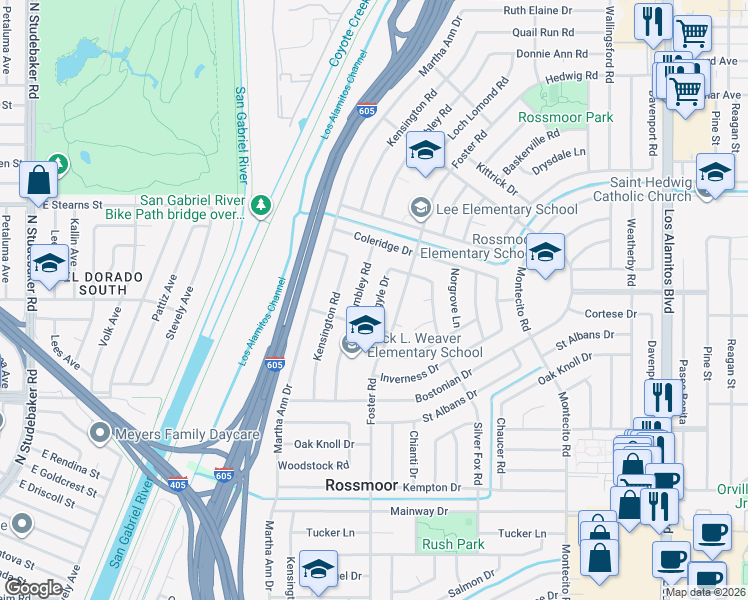 map of restaurants, bars, coffee shops, grocery stores, and more near 11731 Argyle Drive in Los Alamitos