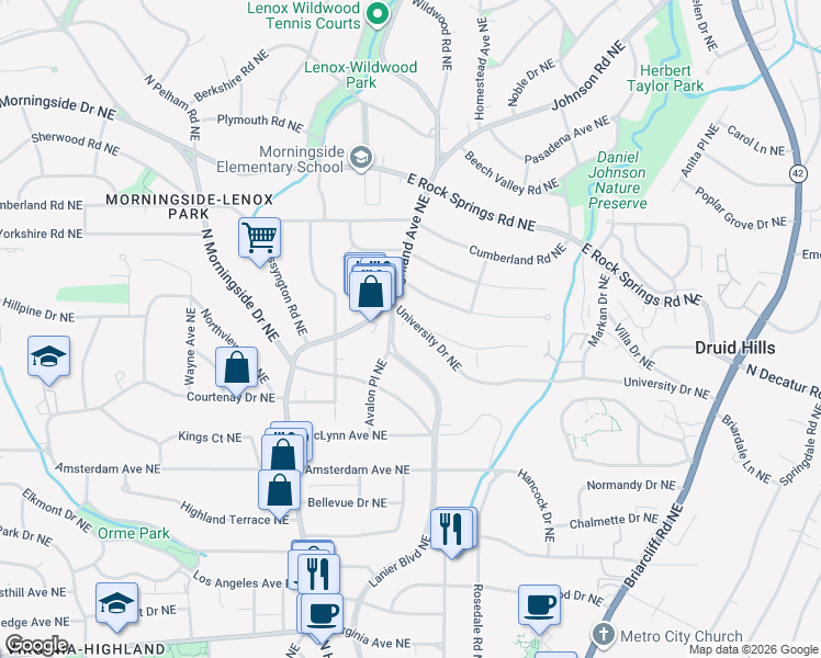 map of restaurants, bars, coffee shops, grocery stores, and more near 1115 University Drive Northeast in Atlanta