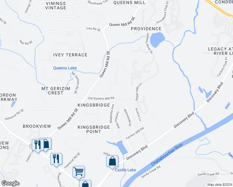 map of restaurants, bars, coffee shops, grocery stores, and more near 6625 Queen Mill Road Southeast in Mableton