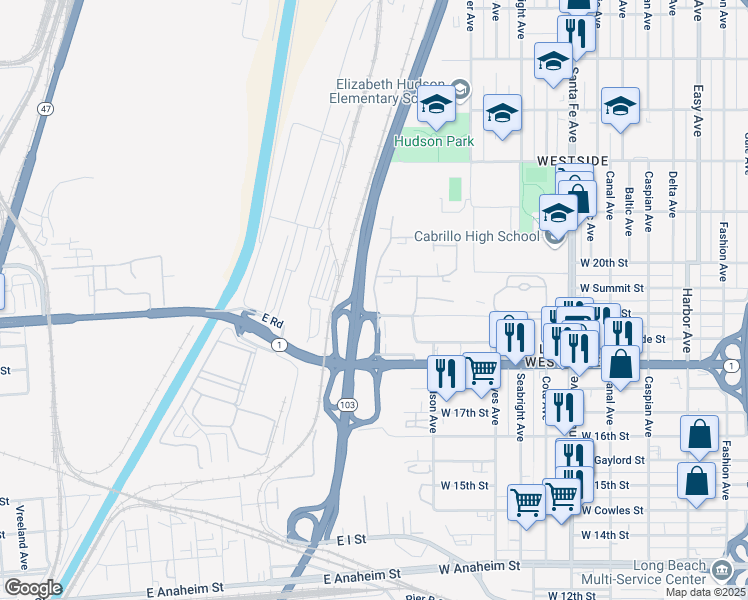 map of restaurants, bars, coffee shops, grocery stores, and more near 2041 San Gabriel Avenue in Long Beach