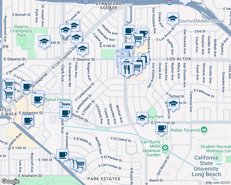 map of restaurants, bars, coffee shops, grocery stores, and more near 5457 East Garford Street in Long Beach