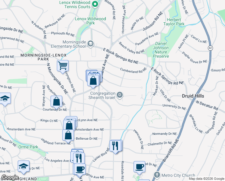 map of restaurants, bars, coffee shops, grocery stores, and more near 1140 Spring Valley Lane Northeast in Atlanta