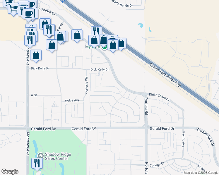 map of restaurants, bars, coffee shops, grocery stores, and more near 35625 Raphael Drive in Palm Desert