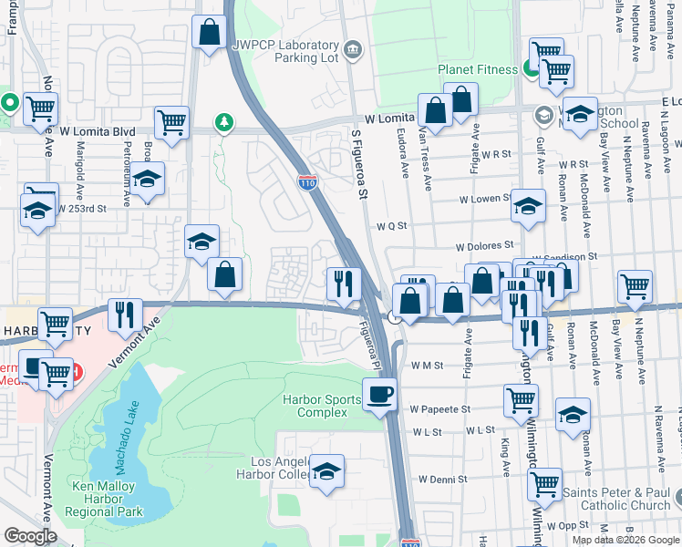 map of restaurants, bars, coffee shops, grocery stores, and more near 25375 Pine Creek Lane in Los Angeles